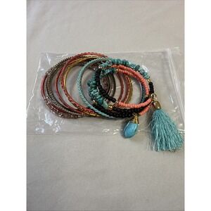 Boho Stackable Beaded Bracelet Set Multilayer Bangle Turquoise Coral Tassel